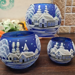 Blue Candle Holder - Blown Glass - Hand Made- Blue - White Cottages - Winter Scene - Hand Painted - Winter Wonderland