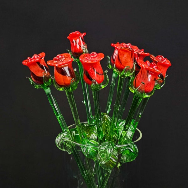 Lange rote Glasrose - handgefertigt in der Ukraine - mundgeblasenes Glas - für immer Rose - Murano-Qualität - geschätztes Geschenk, das sie sicher lieben wird