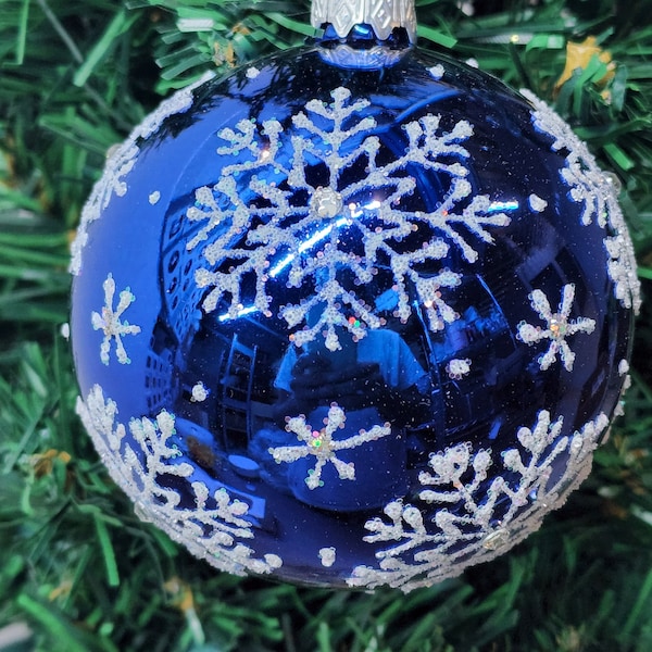 Blue Blown Glass Ornament - Large Snowflake - Shiny Blue Ornament - Hand Made In Ukraine - Hand Painted - Keepsake Ornament - Natural Glass
