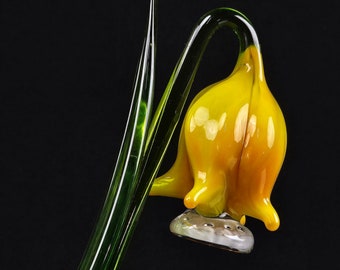 Yellow Glass Bellflower, Handcrafted Lampworking Style Long Stem Bell, Handmade In Ukraine, Murano Quality Forever Flower, Great Lovers Gift