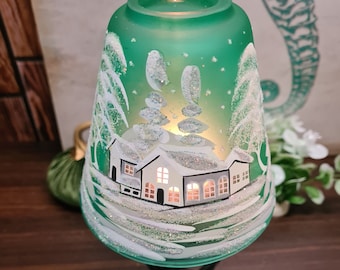 Blown Glass Green Lamp Candle Holder Meticulously Hand Crafted in Ukraine Featuring Winter Theme Wrap Around Design