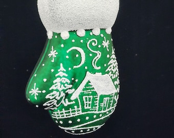 Mitten Ornament - Hand Made In Ukraine - Blown Glass Ornament - Hand Decorated - Keepsake Ornament - Large Mitten - Snow - Shape Ornament