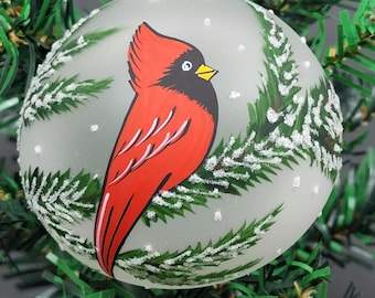 Blown Glass Cardinal Ornament - Made In Ukraine - Hand Painted - Frosted - Cardinal - Christmas Keepsake Ornament - Glass Loop - Pine Branch