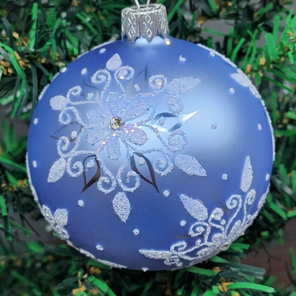 Light Blue Blown Glass Ornament - Fancy Snowflake - Blue Ornament - Hand Made In Ukraine - Hand Painted - Keepsake Ornament - Natural Glass