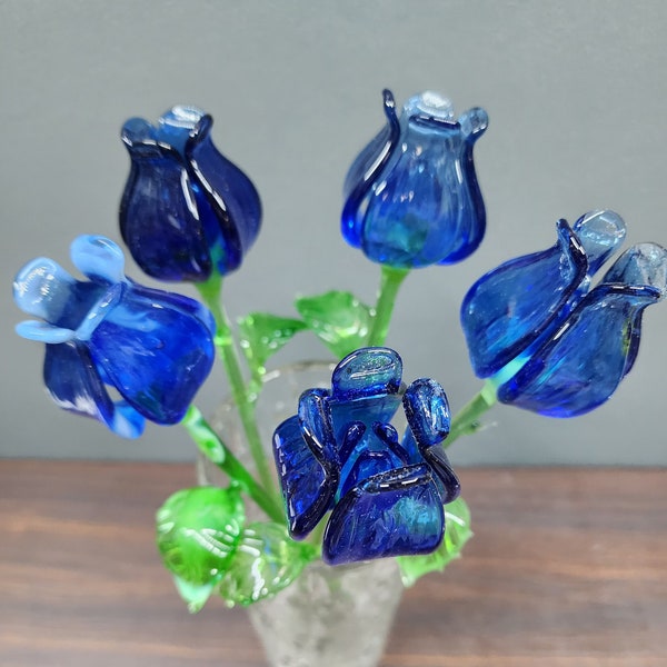 Blue Glass Rose, Open Bulb Hand Made Rose From Ukraine, Hand Made In Ukraine Using Traditional Lampworking Technique, Single Long Stem Rose