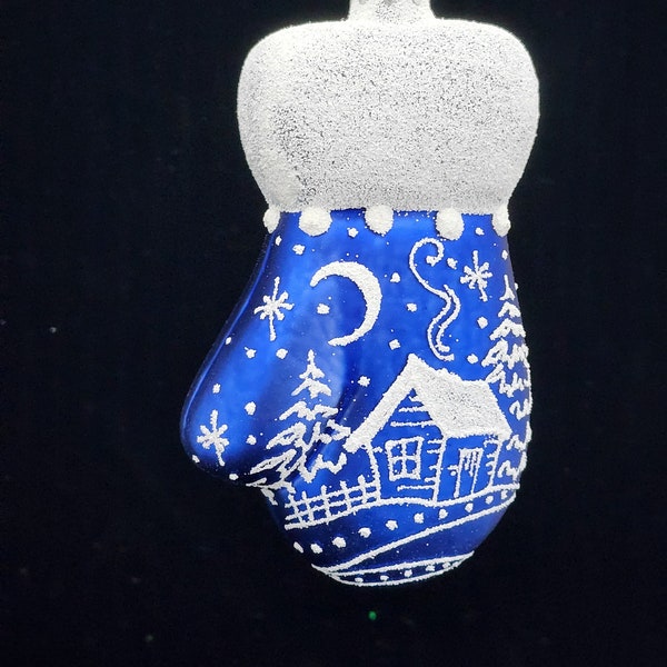 Hand Crafted Blue Mitten Glass Ornament Hand Made in Ukraine Intricate Details That's Sure to Delight Individually Box Keep Sake Ornament