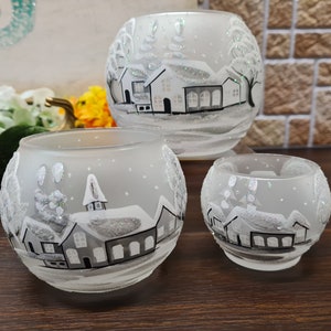 White Candle Holder - Blown Glass - Hand Made- White Frosted - White Cottages - Winter Scene - Hand Painted - Winter Wonderland