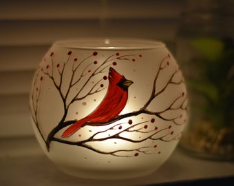 Cardinal Candle Holder  - Hand Made In Ukraine - Blown Glass - Hand Painted - Cardinal On Frosted Glass