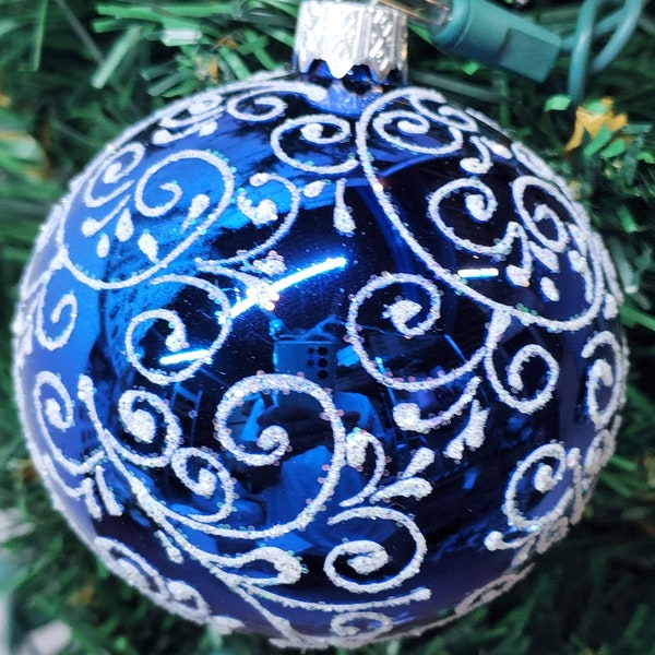 Blue Blown Glass Ornament - Modern Design - Blue & White Ornament - Hand Made In Ukraine - Hand Painted - Keepsake Ornament - Natural Glass