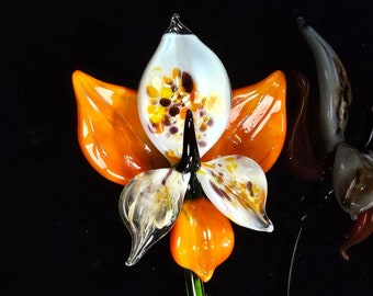 Orange Glass Orchid - Hand Made In Ukraine - Murano Quality - Lampworking Technique - Orange Orchid - Colored Glass - Single Forever Flower