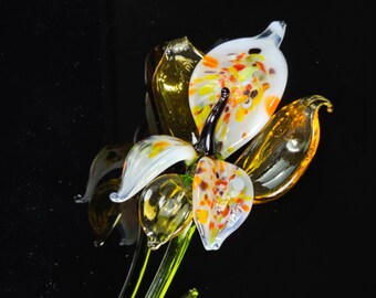 Amber Glass Orchid Flower, Handmade in Ukraine Using Traditional Lampworking Techniques, Murano Quality Gift She's Sure To Love, Single