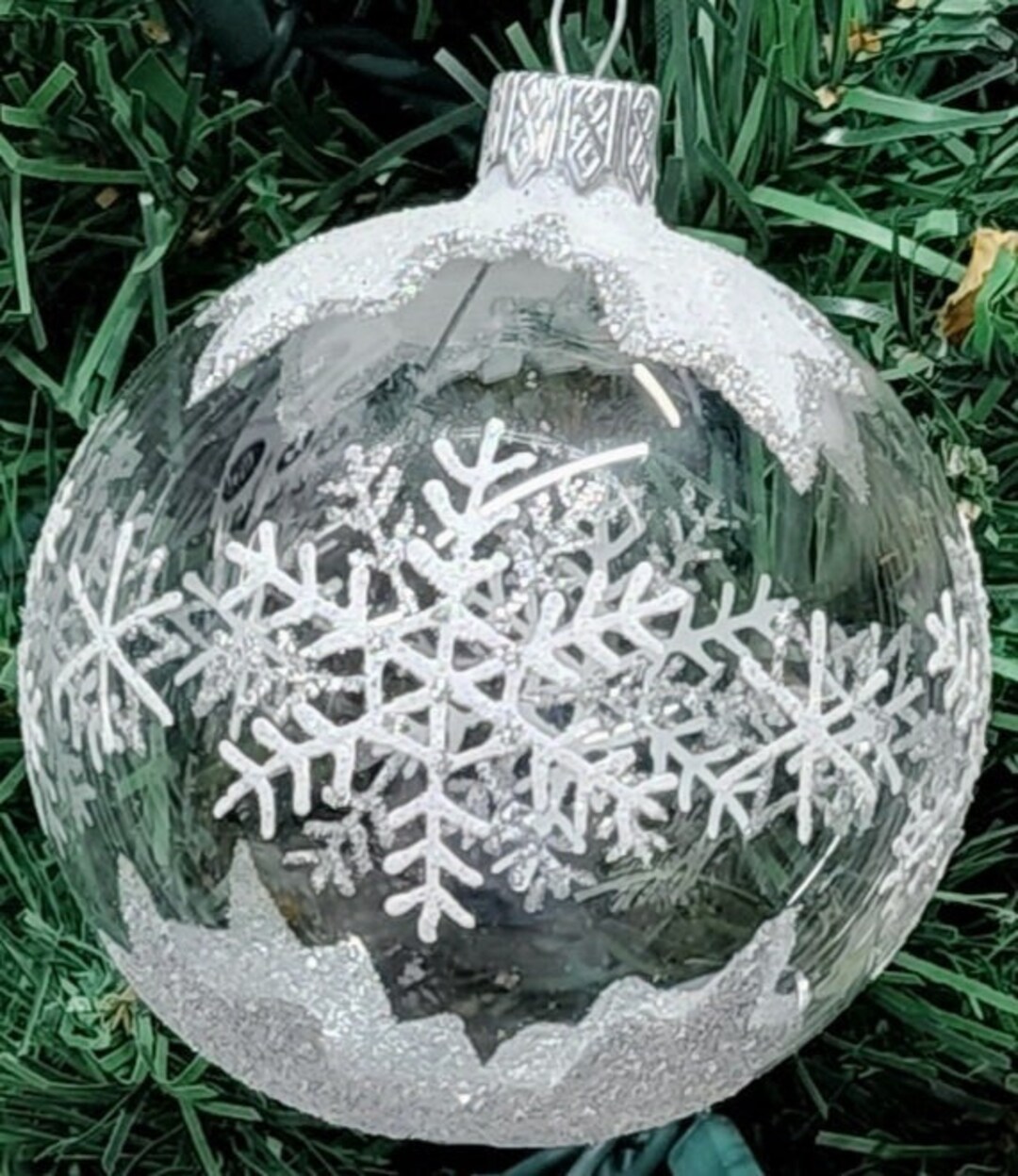 Clear Blown Glass Ornament Large Snowflake Clear Ornament Hand Made in
