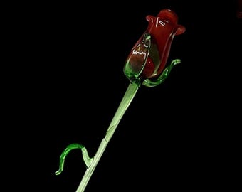 Long Stem Red Glass Rose, Hand Made In Ukraine Using Traditional Lampworking Technique, Murano Quality, Single Rose That Can Last Forever