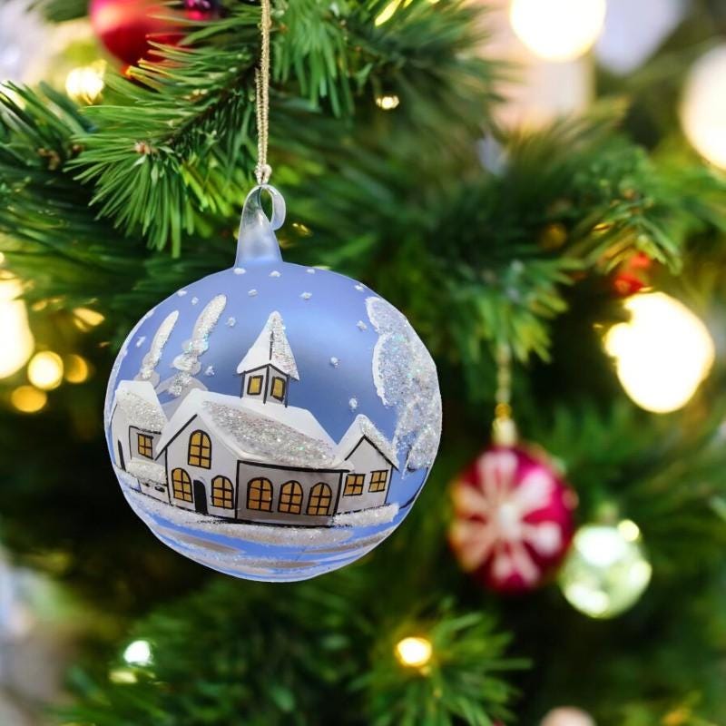 大きなベビーブルーのガラスオーナメント - 吹きガラス - 手描き