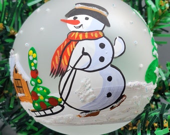 Blown Glass Ornament - Snowman w Sleigh - Hand Made In Ukraine - Keepsake Ornament - Natural Glass Loop - Frosted Bauble - Snowman