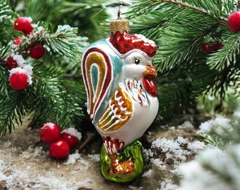 Rooster Ornament - Hand Made In Ukraine - Blown Glass Ornament - Hand Decorated - Keepsake Ornament - Colorful Rooster - Shape Ornament