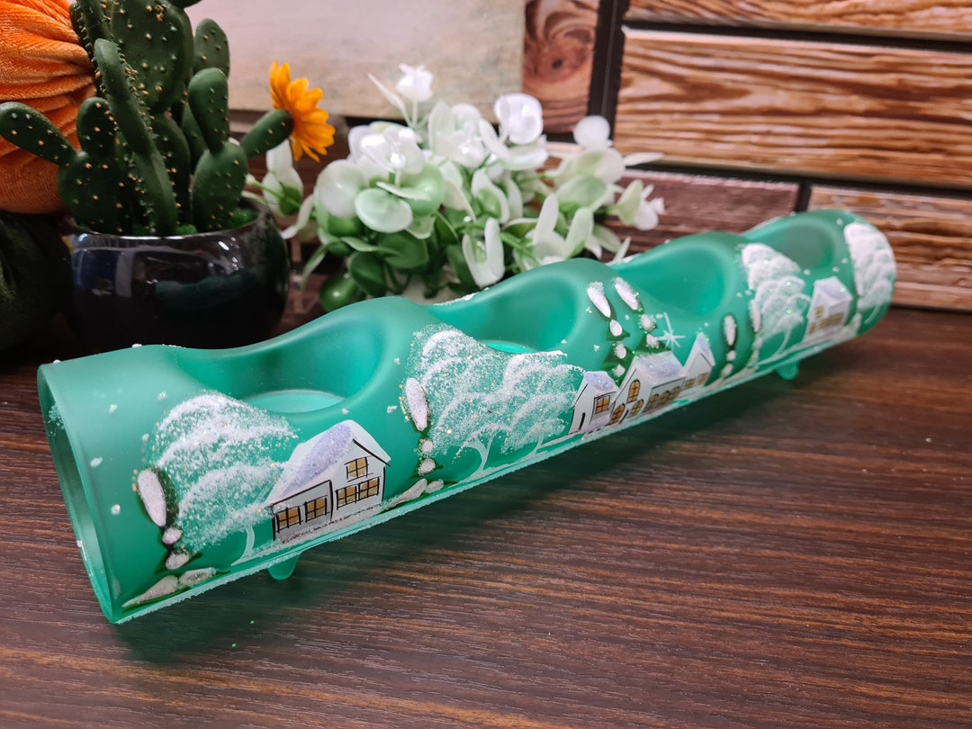 Green Glass Candle Holder Centerpiece Style Quadruple Holder Winter