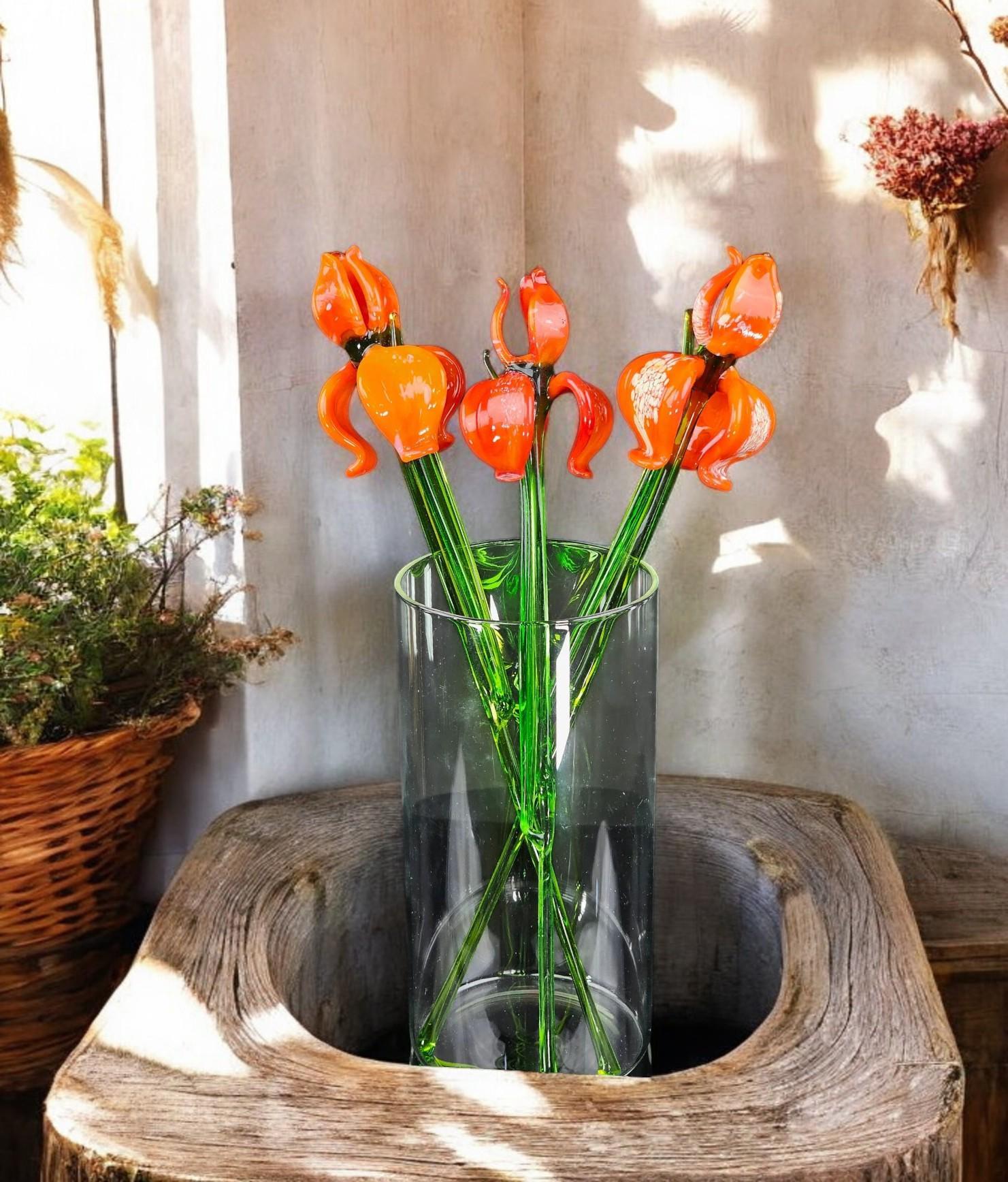 Orange Glass Iris, Handcrafted Glass Flower, Hand Made in Ukraine