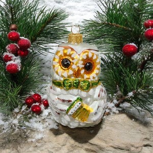 Owl Ornament - Hand Made In Ukraine - Blown Glass Ornament - Hand Decorated - Keepsake Ornament - Owl w Accordion- Wise Owl - Shape Ornament