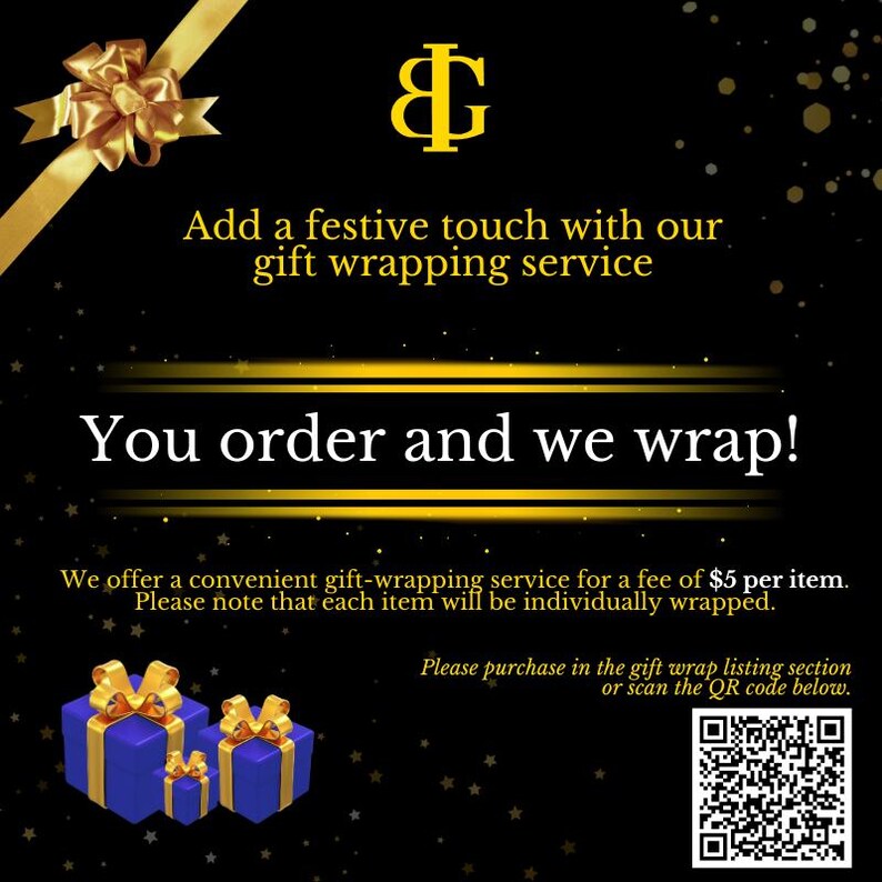 a black and gold gift wrapper with a gold bow