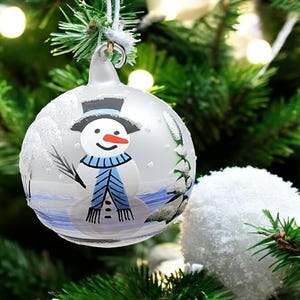 Blown Glass Ornament - Snowman - Hand Made In Ukraine - Keepsake Ornament - Natural Glass Loop - Frosted - Snowman N Cabin -Hand Painted