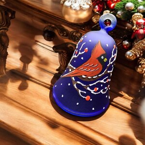 Cardinal Bell Ornament - Blown Glass - Hand Made In Ukraine - Hand Painted - Blue - Cardinal - Christmas Ornament - Bell Ornament