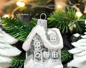 Cottage Ornament - Hand Made In Ukraine - Blown Glass Ornament - Hand Decorated - Keepsake Ornament - Clear House - Shape Ornament
