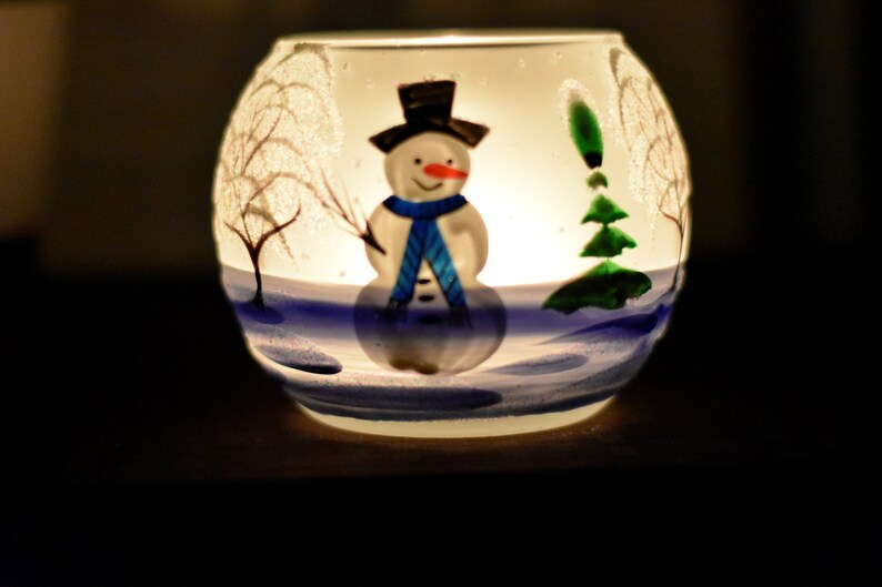 Snowman Candle Holder Hand Made In Ukraine Blown Glass Hand Painted Snowman In Winter Unique Gift Winter Decor Peace Of Mind image 3