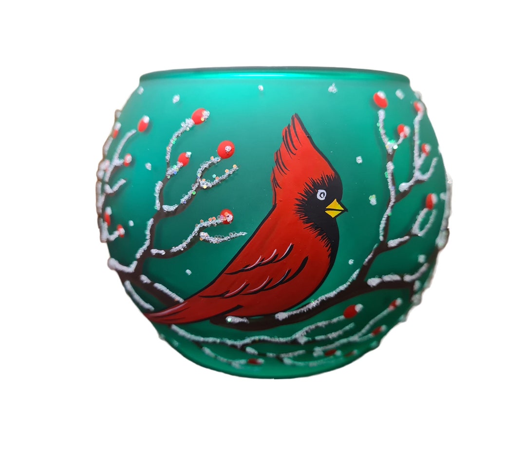 Cardinal Candle Holder Hand Made in Ukraine Green Hand Painted Red