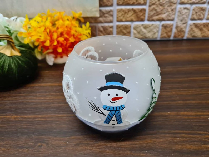 Snowman Candle Holder Hand Made In Ukraine Blown Glass Hand Painted Snowman In Winter Unique Gift Winter Decor Peace Of Mind image 7