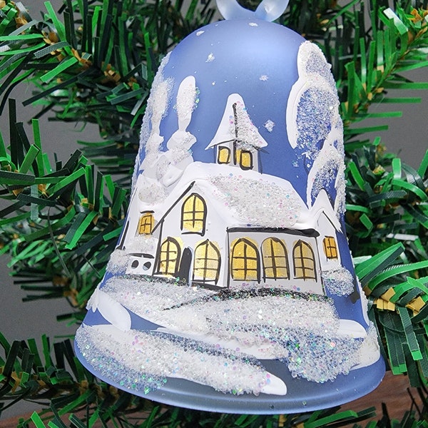 Baby Blue Ornament - Blown Glass - Hand Painted - Made In Ukraine - Blue Glass - Natural Glass - Church -Glass Bell w Clapper -Winter Wonder