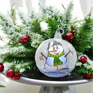 Geblasene Glasverzierung - Schneemann - Handgemacht in der Ukraine - Andenkenverzierung - Naturglasschleife - gefrostete Spielerei - Schneemann - Hand verziert