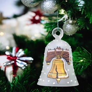 Liberty Bell Ornament - Blown Glass - Hand Painted - Made In Ukraine - Frosted Glass - Natural Glass - Liberty Bell - Glass Bell With Ringer