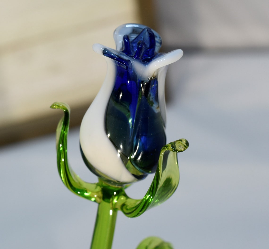 Long Stem Glass Rose Light Blue and White Single Rose Etsy