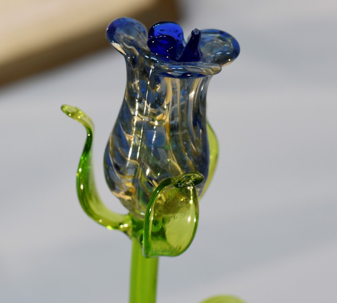 Long Stem Glass Rose Blue Marble Single Rose Handmade Etsy