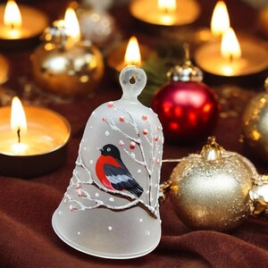 Finch Bell Ornament - Blown Glass - Hand Painted - Made In Ukraine - Frosted Glass - Natural Glass - Finch - Glass Bell w Clapper - Songbird