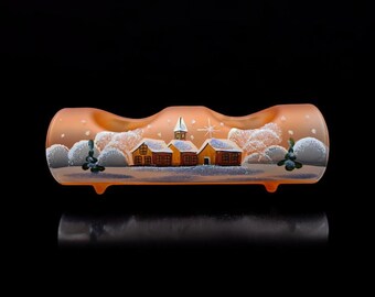 Glass Candle Holder Winter Wonderland, Orange Glass Double Candle Holder, Log Style, Hand Painted, Handmade Gift, Hand Made in Ukraine