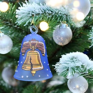 Liberty Bell Ornament - Blown Glass - Hand Painted - Made In Ukraine - Baby Blue - Natural Glass - Liberty Bell - Glass Bell With Ringer