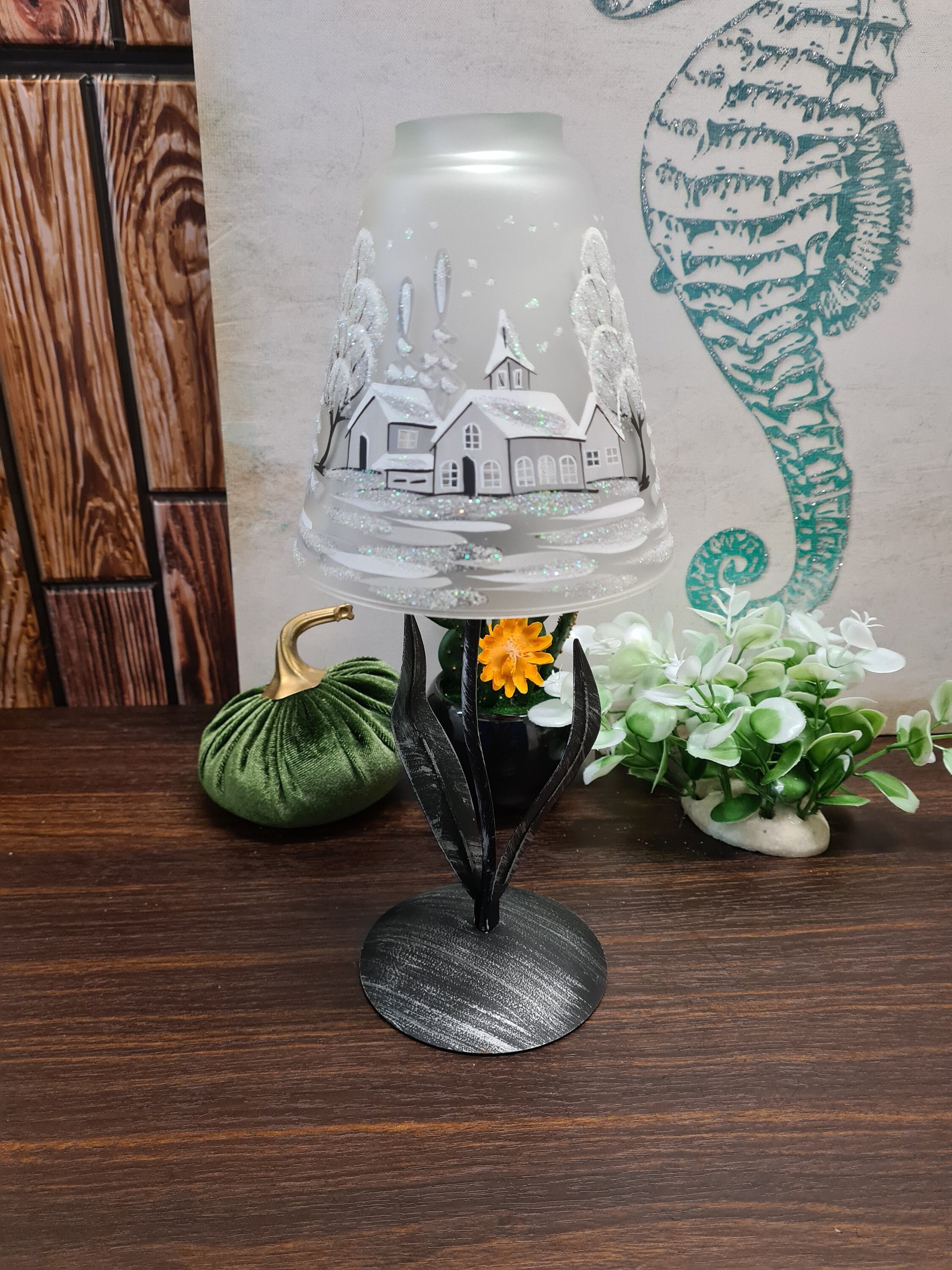 bougeoir en verre winter cottages lampe dépoli bougeoir photophore peint à la main cadeau fait fabriqué ukraine