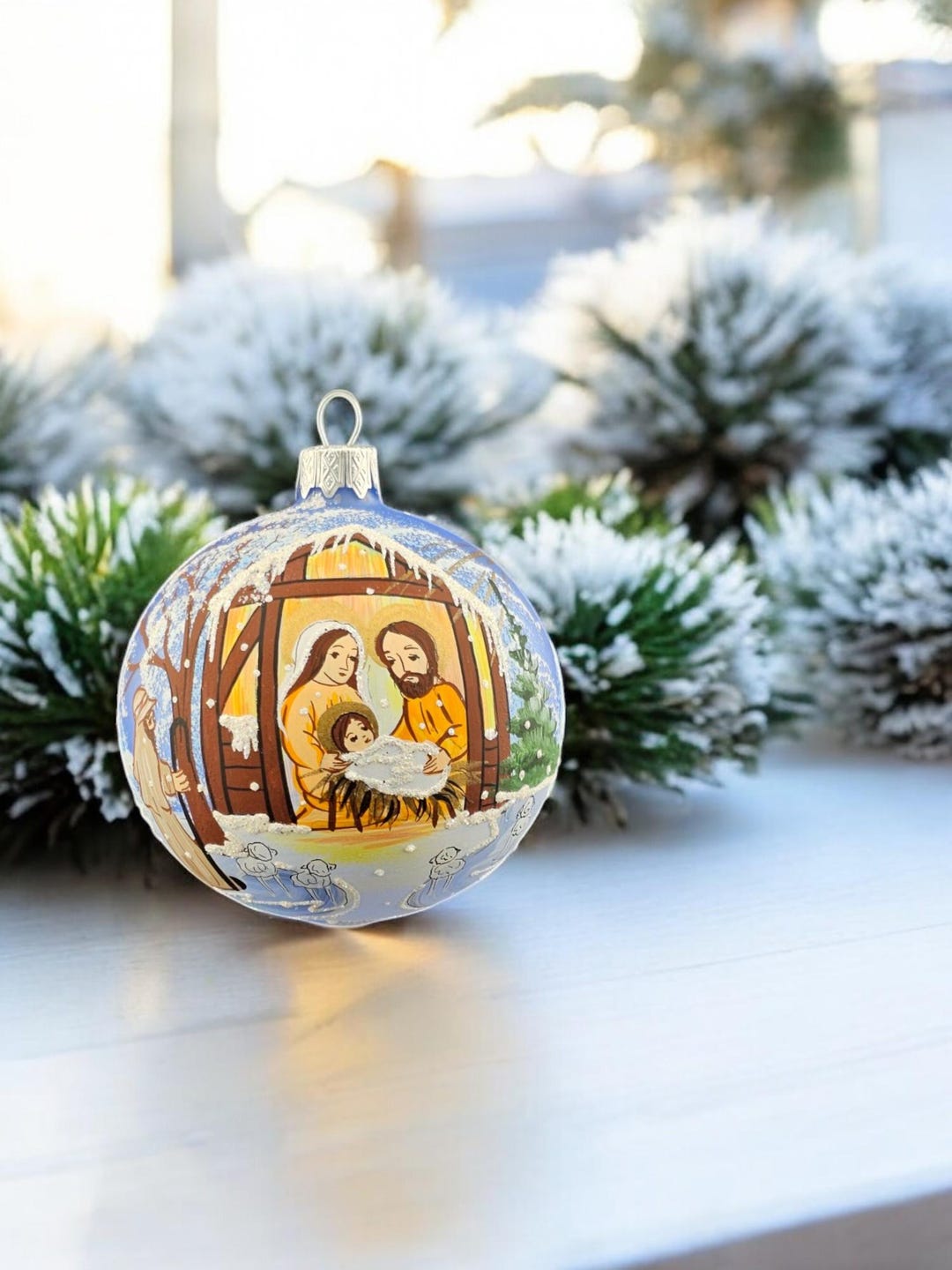 Hand Painted Blown Glass Ornament - Nativity - Light Blue - Hand Made ...