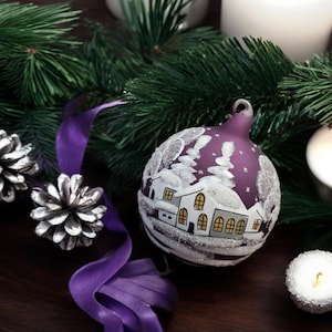 Purple Glass Ornament - Blown Glass - Hand Painted In Ukraine - Winter Wonderland - Natural Glass Loop - Exquisite Craftsmanship - Church