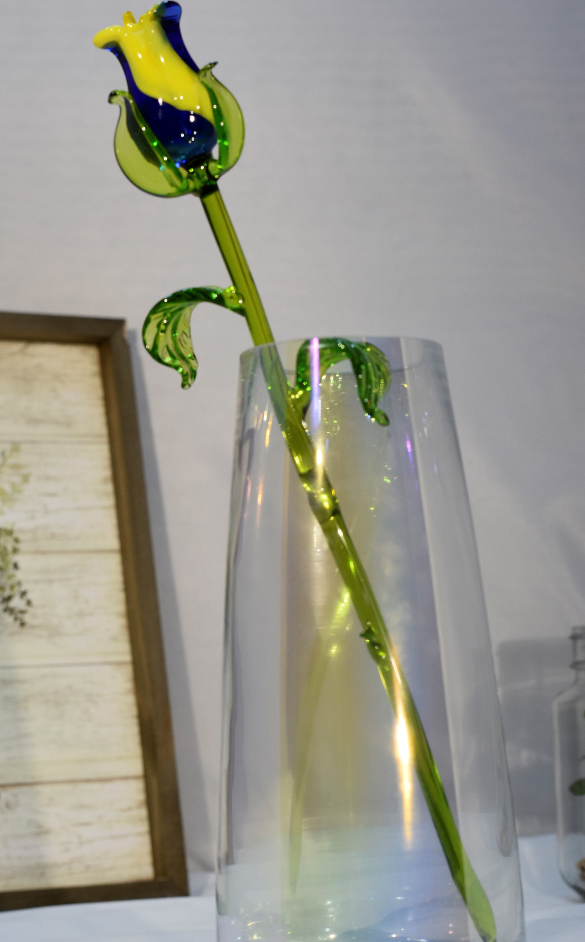 Long Stem Glass Rose Blue and Yellow Single Rose Etsy