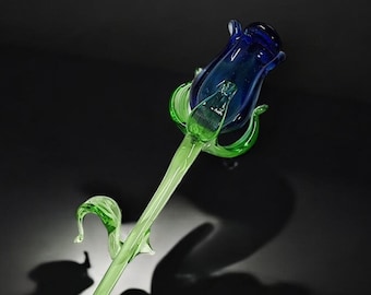 Blue Glass Rose, Handcrafted Glass Flower, Hand Made In Ukraine Using Murano Quality Glass, Great Gift For Flower Lovers, 12 Inches Rose