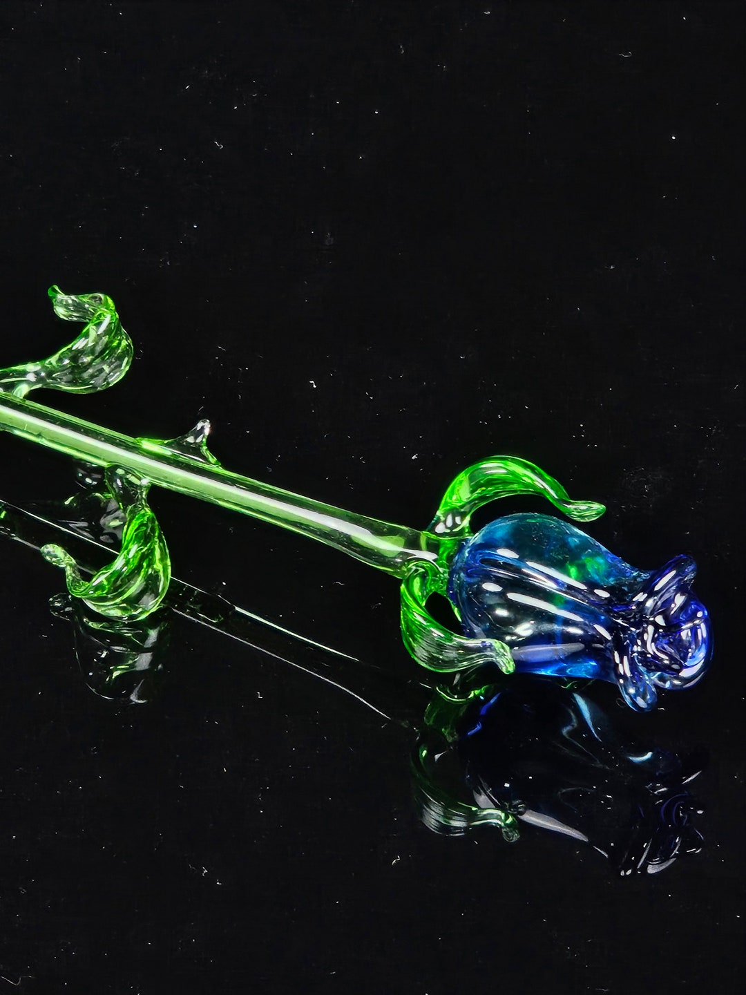Long Stem Glass Rose Blue Single Rose Hand Made Lampworking Blown Glass