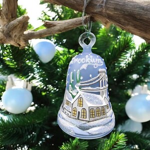 Baby Blue Bell Ornament - Blown Glass - Hand Painted - Made In Ukraine - Natural Glass - Brooklyn Bridge - Glass Bell w Clapper - Brooklyn