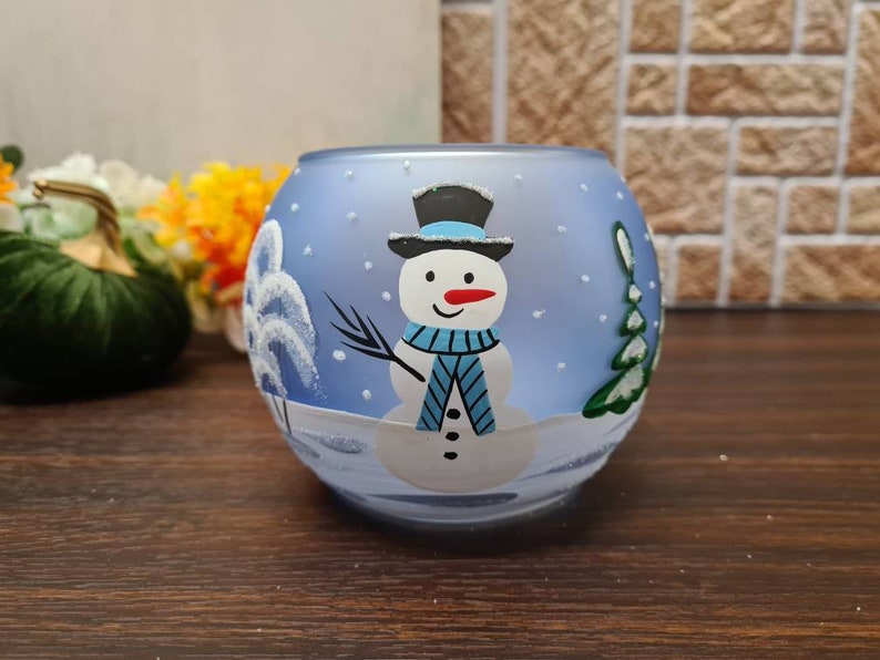 Snowman Candle Holder Hand Made In Ukraine Blown Glass Hand Painted Snowman In Winter Unique Gift Winter Decor Peace Of Mind image 4