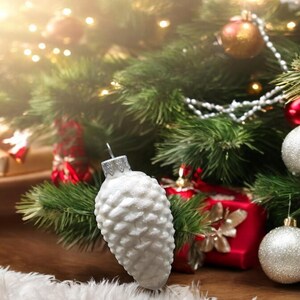 May include: A white pine cone shaped Christmas ornament with a glittery finish hangs on a Christmas tree with red and gold ornaments and white lights.