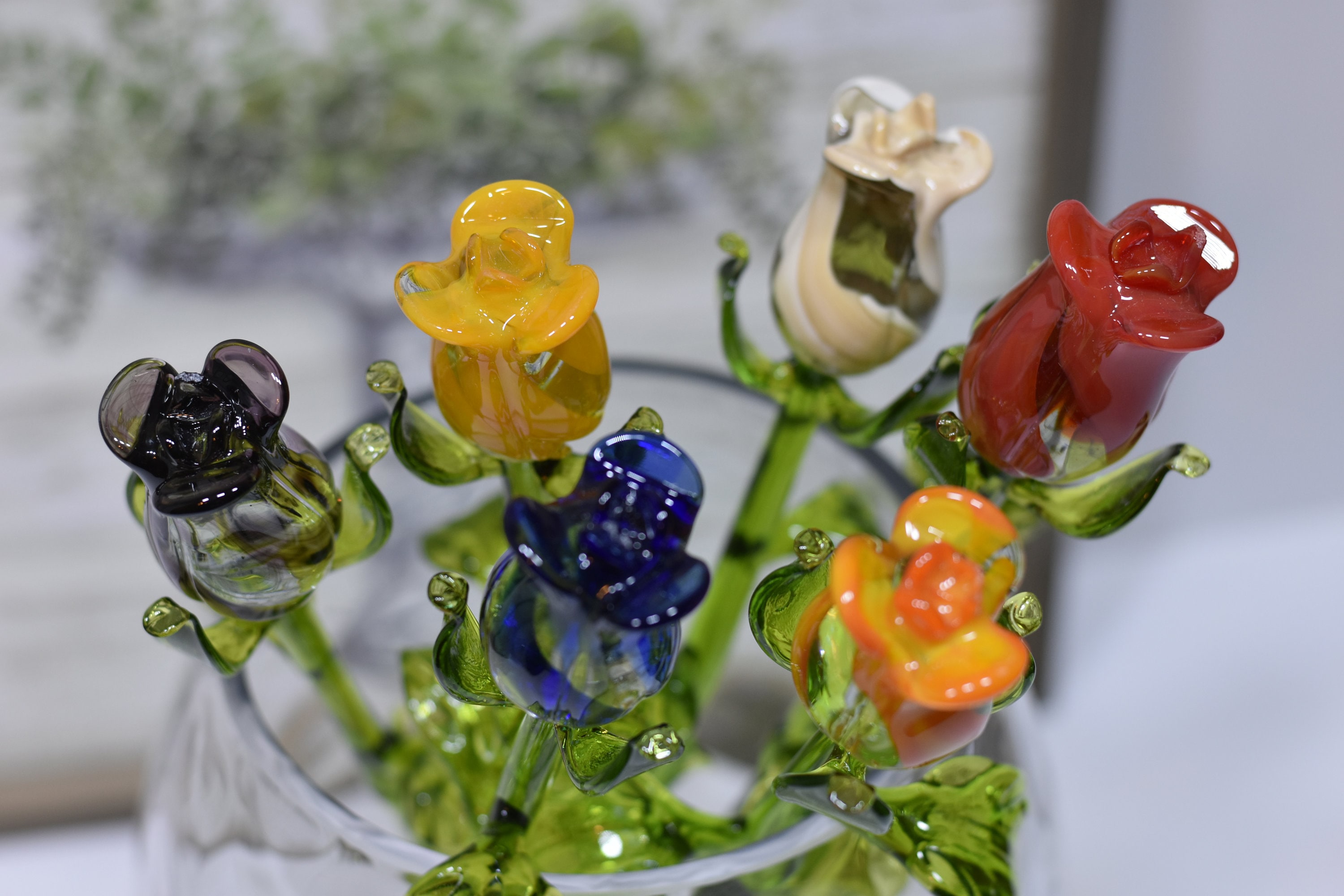 Long Stem Glass Rose Set Of 6 Flower Bouquet Handmade Etsy