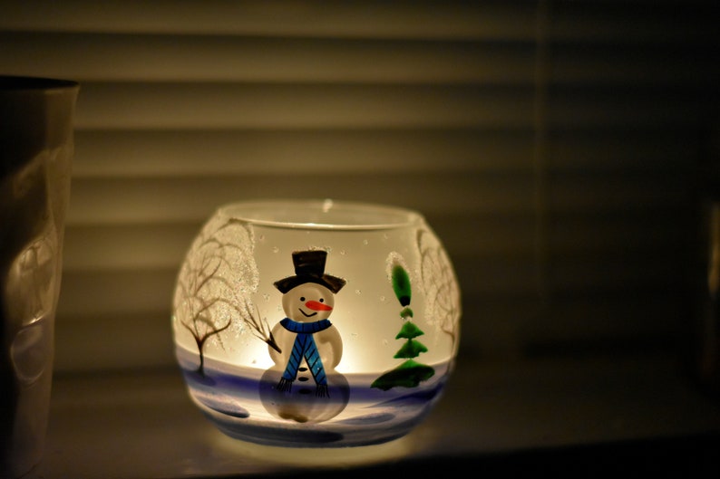 Snowman Candle Holder Hand Made In Ukraine Blown Glass Hand Painted Snowman In Winter Unique Gift Winter Decor Peace Of Mind image 2