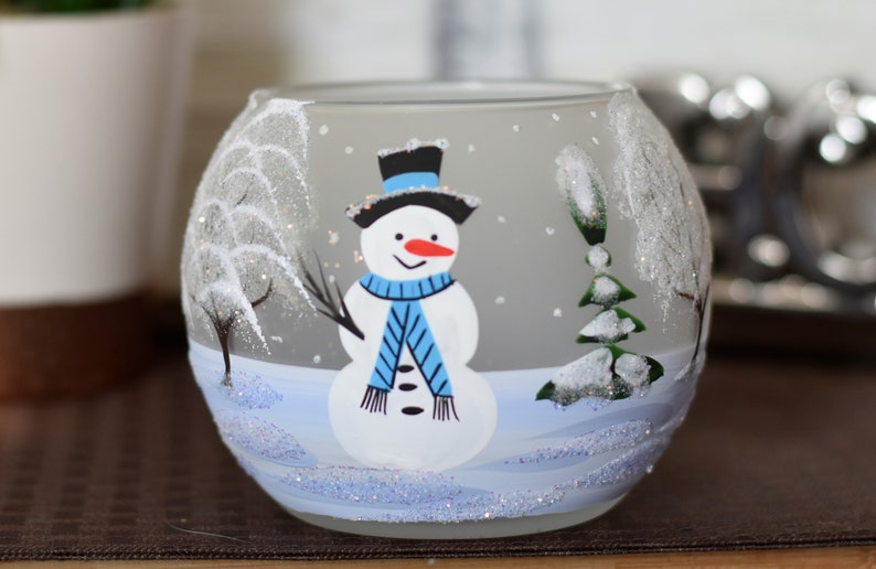 Snowman Candle Holder Hand Made In Ukraine Blown Glass Hand Painted Snowman In Winter Unique Gift Winter Decor Peace Of Mind image 1